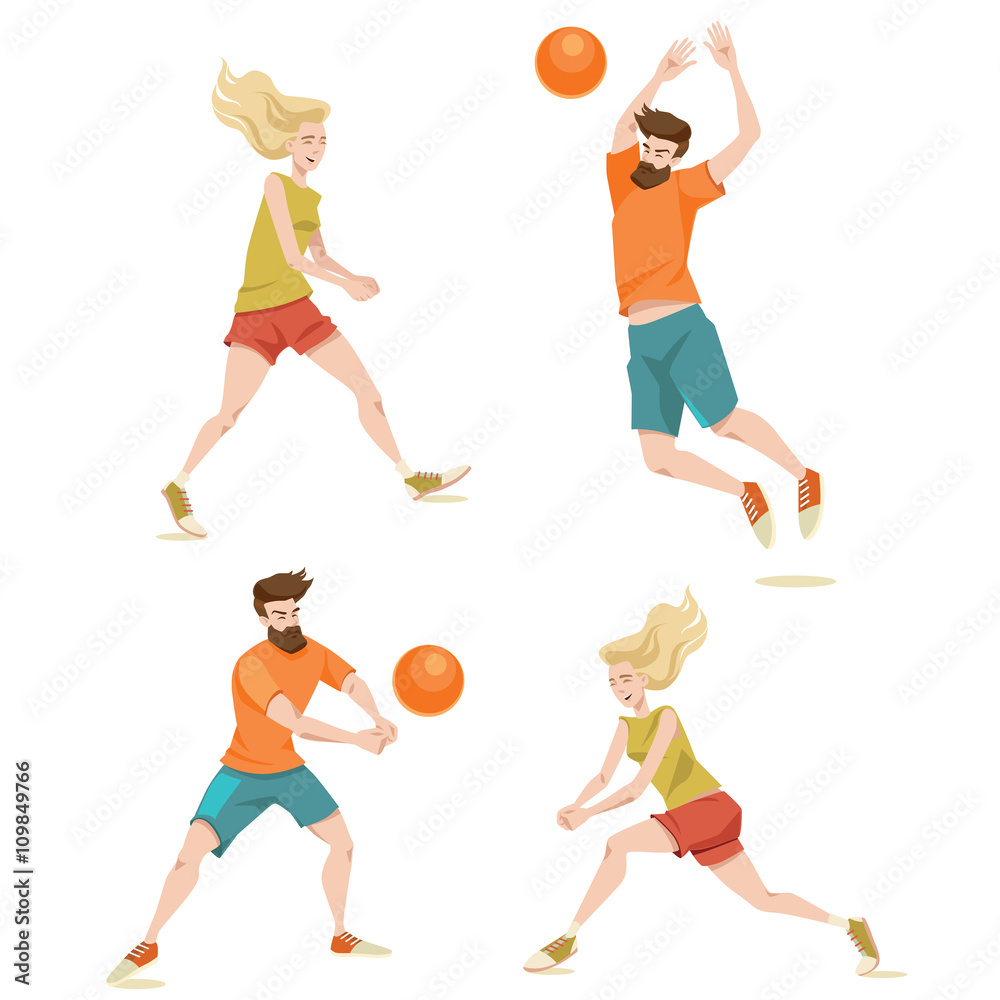 Set of vector illustrations of people playing volleyball Set of vector illustrations of people playing volleyball