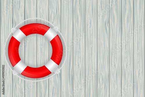 Life buoy on wooden wall.   illustration on grey wooden texture
