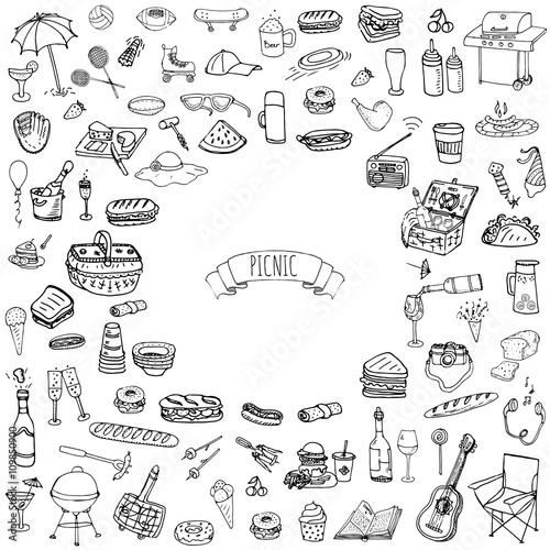Hand drawn doodle Picnic icons set Vector illustration barbecue sketchy symbols collection Cartoon bbq concept elements Summer picnic Umbrella Guitar Food basket Drinks Wine Sandwich Sport activities