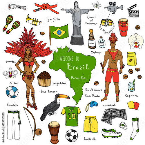Hand drawn doodle Welcome to Brazil set Vector illustration Sketchy Brazilian traditional icons Cartoon Brazil typical elements collection Landmark Football ball cleats goal Capoeira Samba Orchid