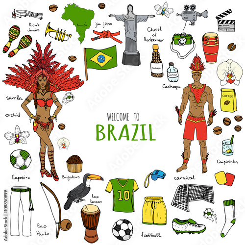 Hand drawn doodle Welcome to Brazil set Vector illustration Sketchy Brazilian traditional icons Cartoon Brazil typical elements collection Landmark Football ball cleats goal Capoeira Samba Orchid