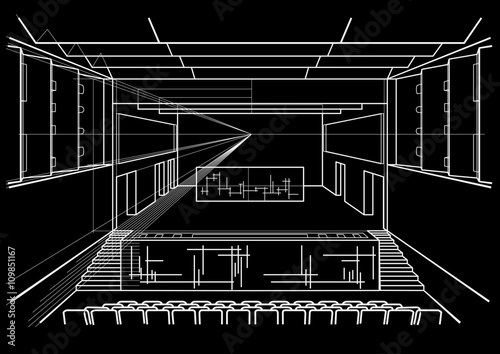 Linear architectural sketch concert hall on black background