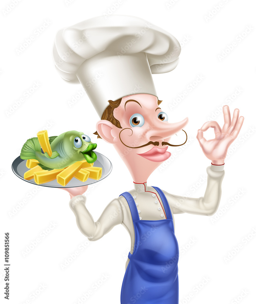 Chef Holding Fish and Chips Giving Perfect Sign Chef Holding Fish and Chips Giving Perfect Sign