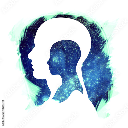 Human Head and Universe / Human and Universe with Brush Stroke on White Background