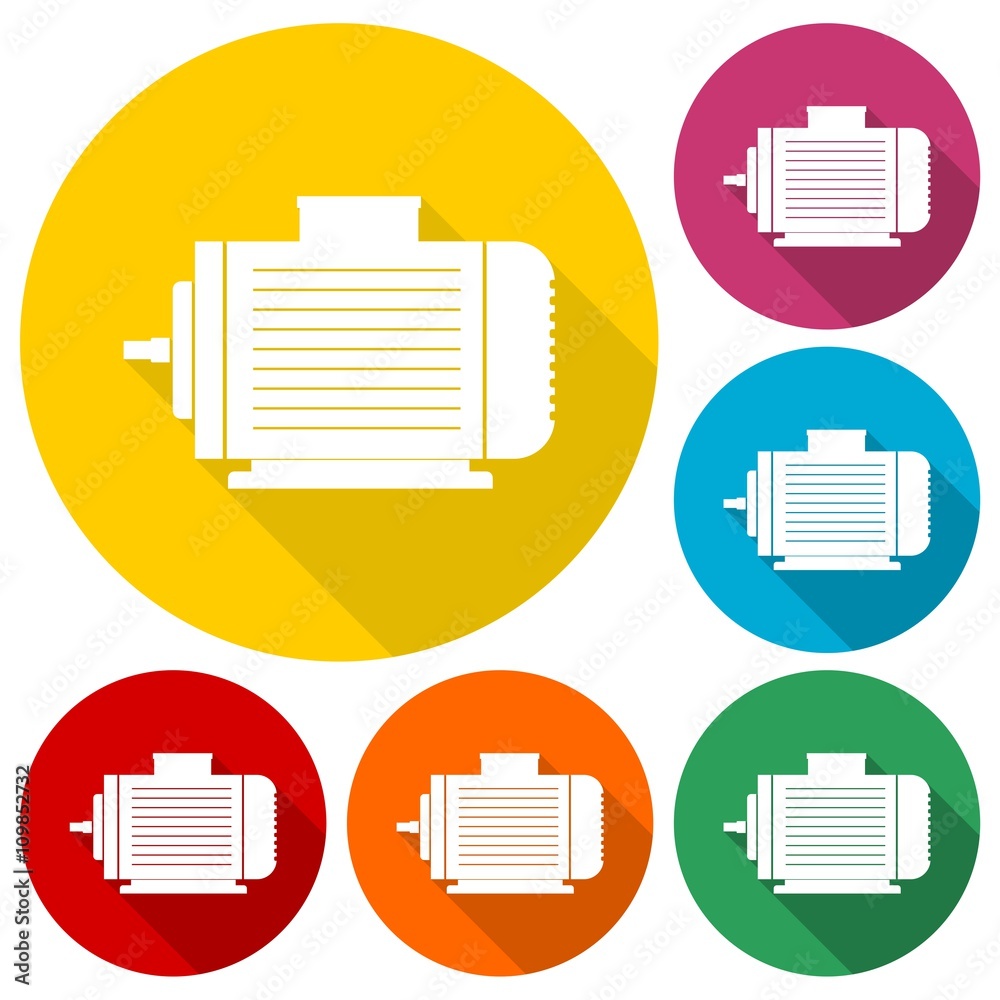 Electric motor icons set with long shadow