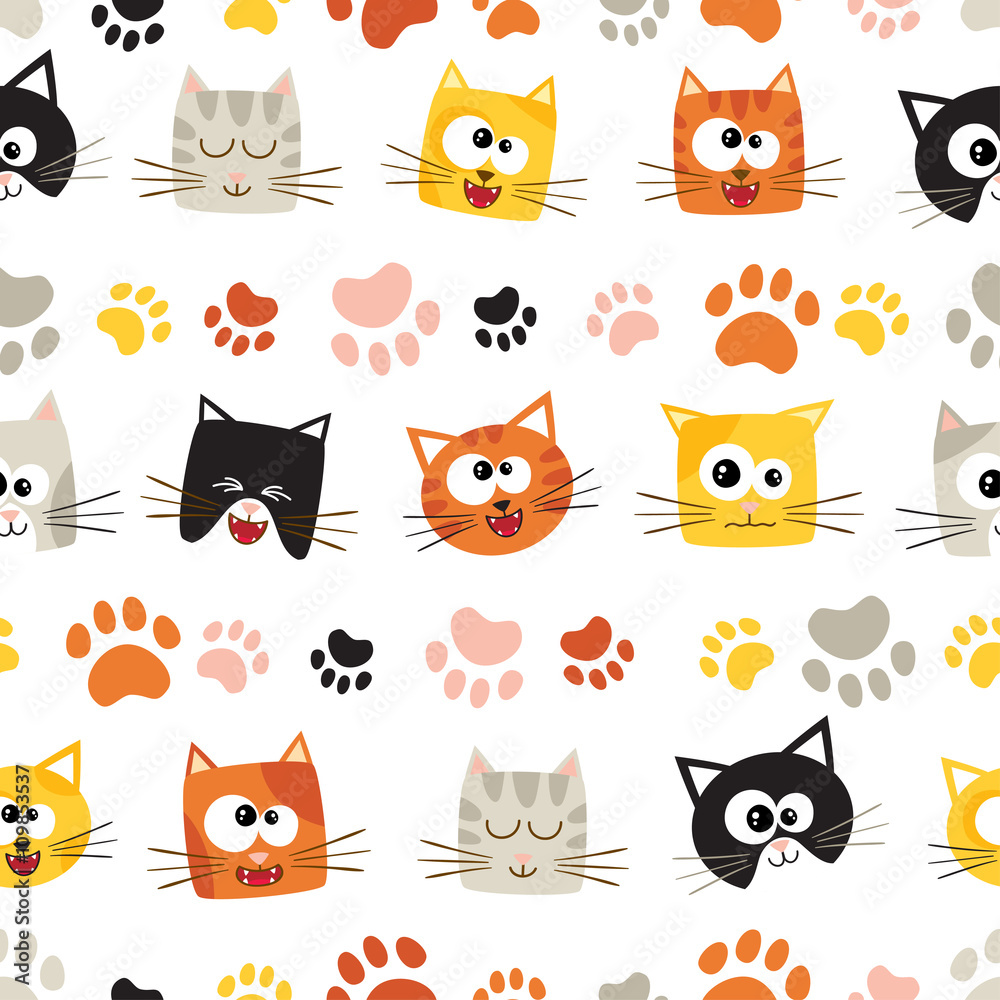 Vector seamless pattern with cute cartoon cats. Seamless pattern