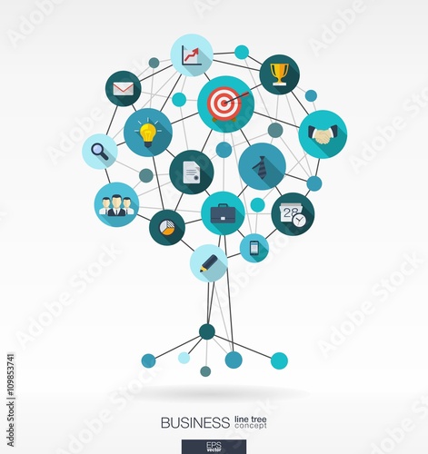 Abstract background with connected circles, integrated flat icons. Growth tree concept for business, communication, marketing research, strategy, mission, analytics. Vector interactive illustration.