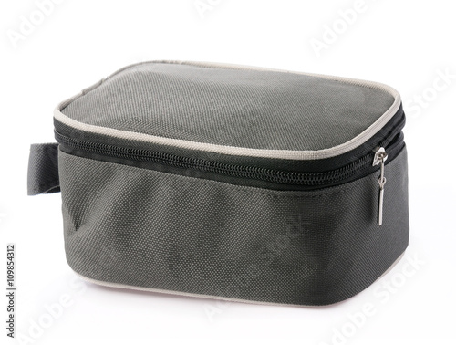Travel toiletries bag on white background