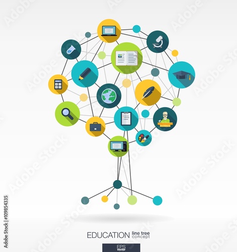 Abstract education background with lines, connected circles and integrated flat icons. Growth tree concept with school, science, geography, biology, microscope icon. Vector interactive illustration.