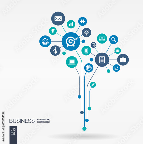 Abstract background with connected circles, integrated flat icons. Growth flower concept for business, communication, marketing research, strategy, mission, analytics. Vector interactive illustration.