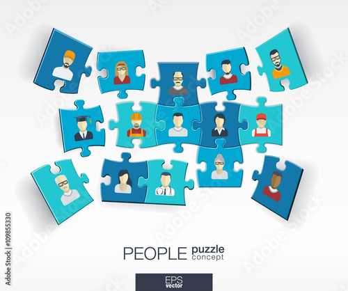 Abstract social background with connected color puzzles, integrated flat icons. 3d infographic concept with people, technology, network and media pieces in perspective. Vector interactive illustration