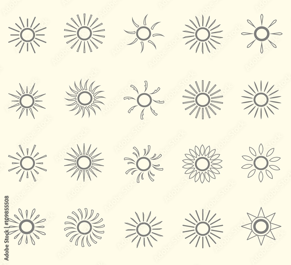 Set of sun line ikons. Thin grey line on light pink background, vector illustration