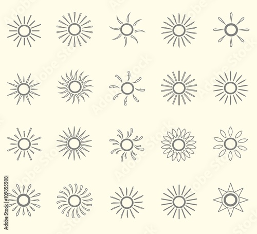 Set of sun line ikons. Thin grey line on light pink background, vector illustration photo