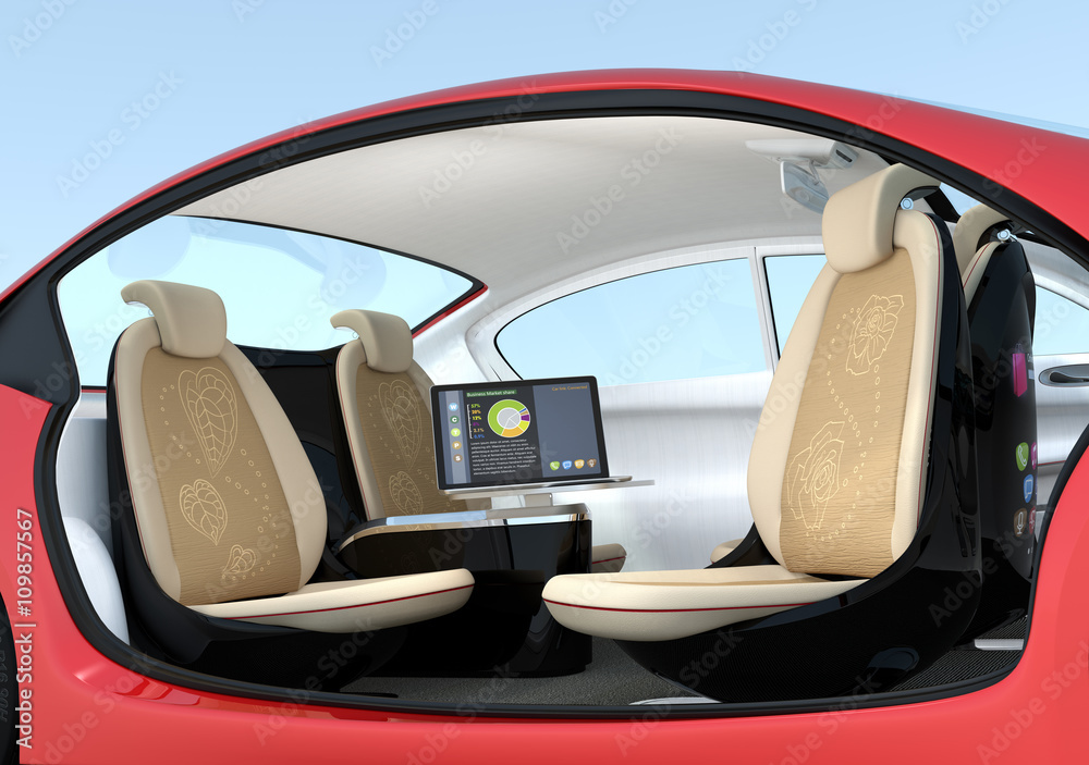 Self-driving car interior concept. Driver seats could turned to rear side,  people can have short meeting while they on the way. 3D rendering image  with clipping path. Stock Illustration