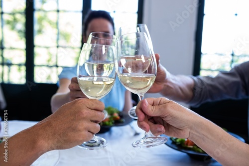 Friends toasting wine glass while having lunch
