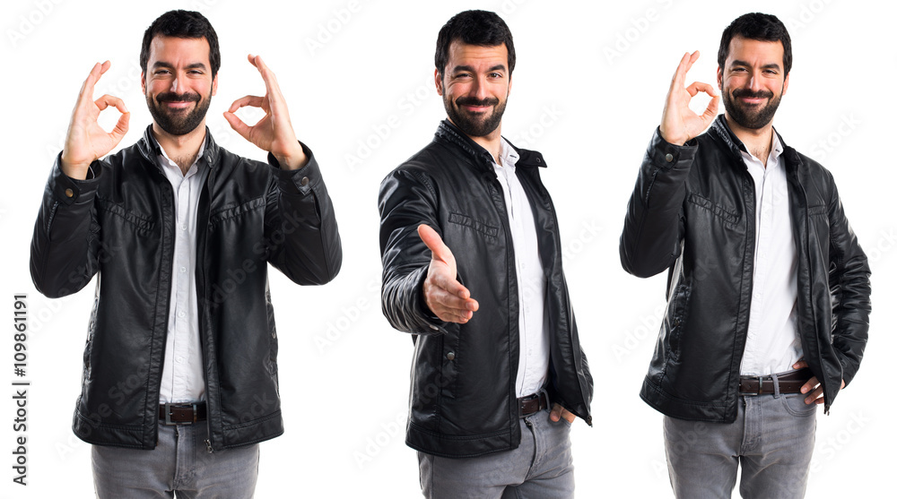 Man with leather jacket making a deal Man with leather jacket making a deal