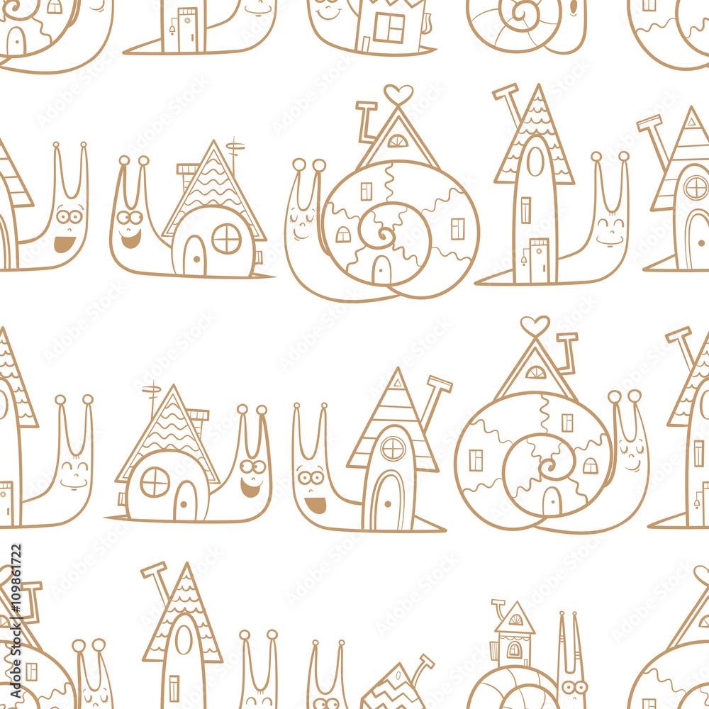 Seamless pattern with cute cartoon snails and their houses on  white  background. Vector image. Children's illustration. Contour image.