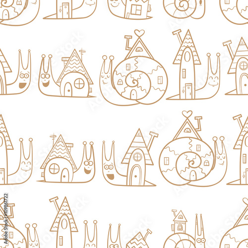 Seamless pattern with cute cartoon snails and their houses on  white  background. Vector image. Children's illustration. Contour image.