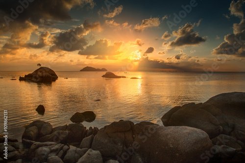 Beautiful sunset landscape with sea gangway stones