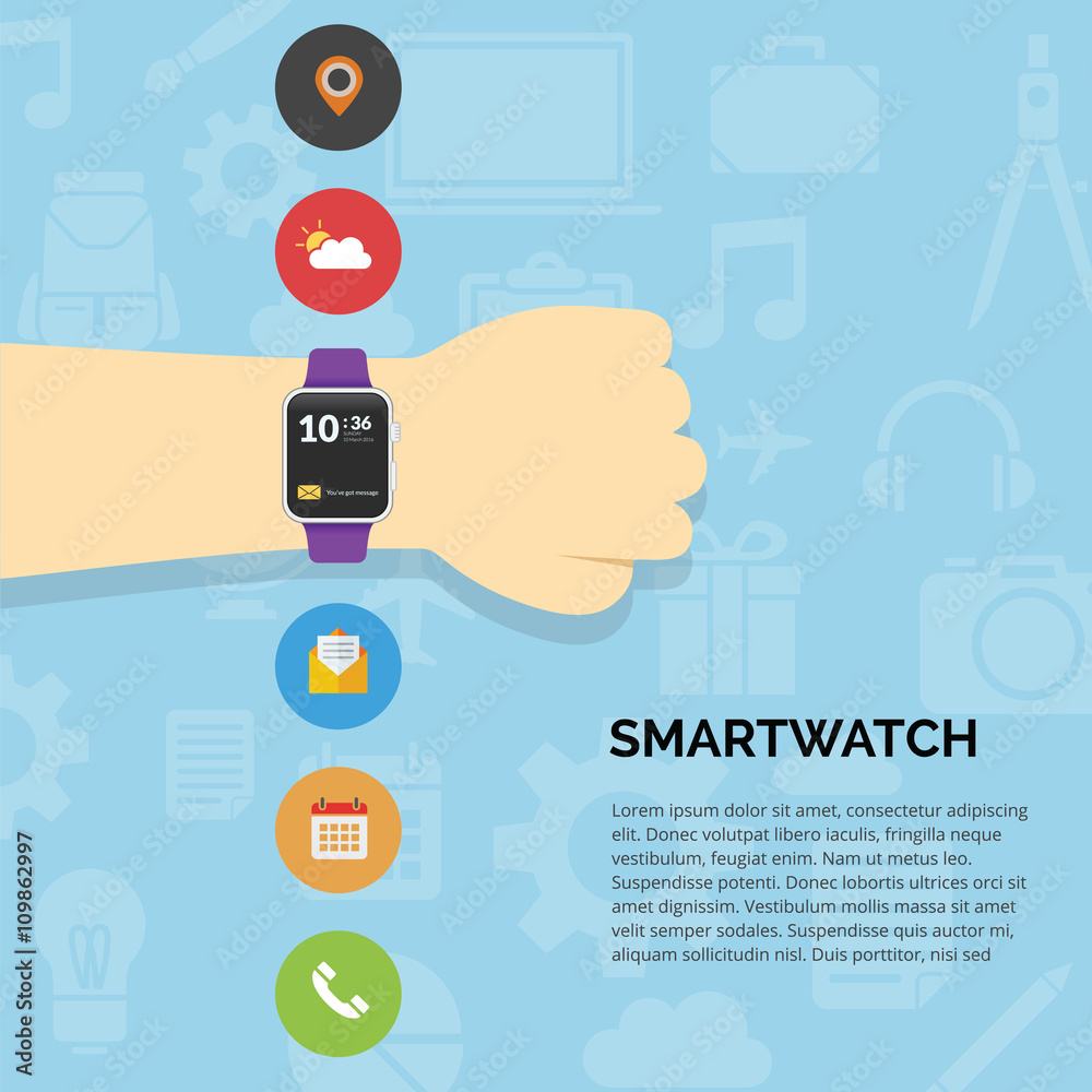 Fist hand wearable technology smartwatch with flat design Fist hand wearable technology smartwatch with flat design