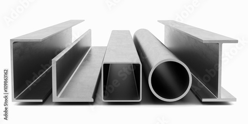 Samples of steel beams and pipes on white background. 3D rendering