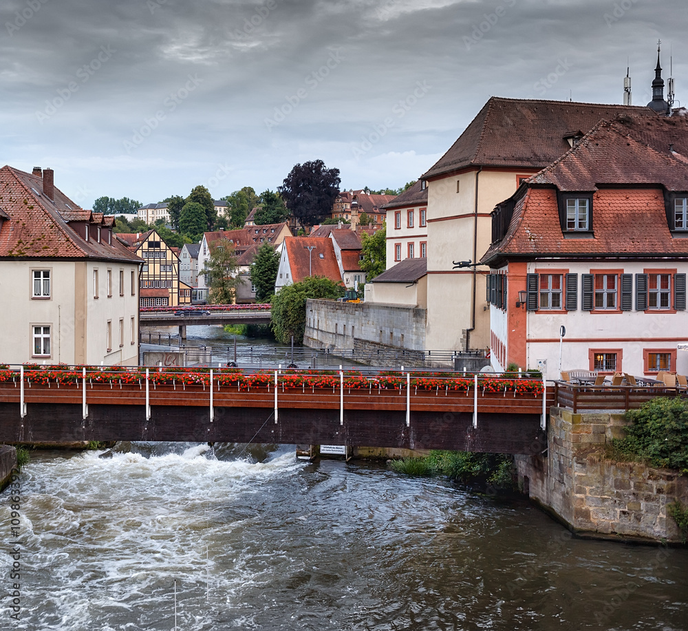 .Summer Evening on the river Regnitz in the town of Bamberg.Germany.Bavaria.