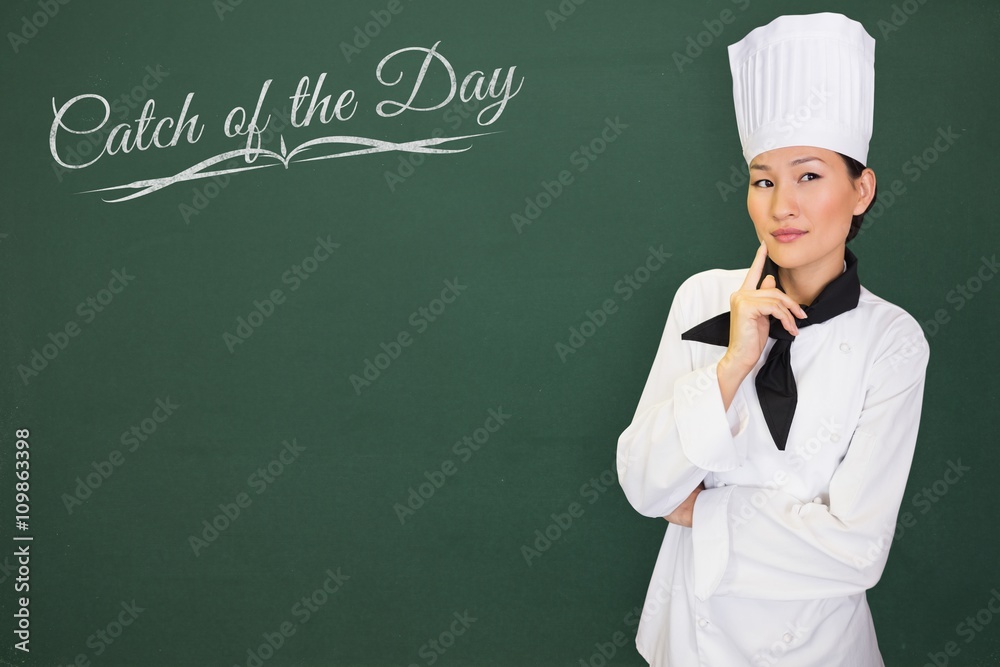 Composite image of portrait of thoughtful female cook in kitchen Composite image of portrait of thoughtful female cook in kitchen
