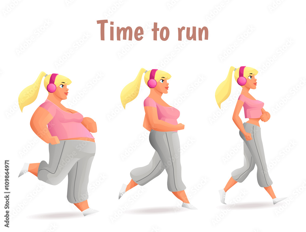 Illustrazione Stock Evolution Slimming women, cartoon illustration of three  women of different obesity running, fat, fatness, sports people, desire for  healthy and sporty body, fitness exercises for weight loss | Adobe Stock