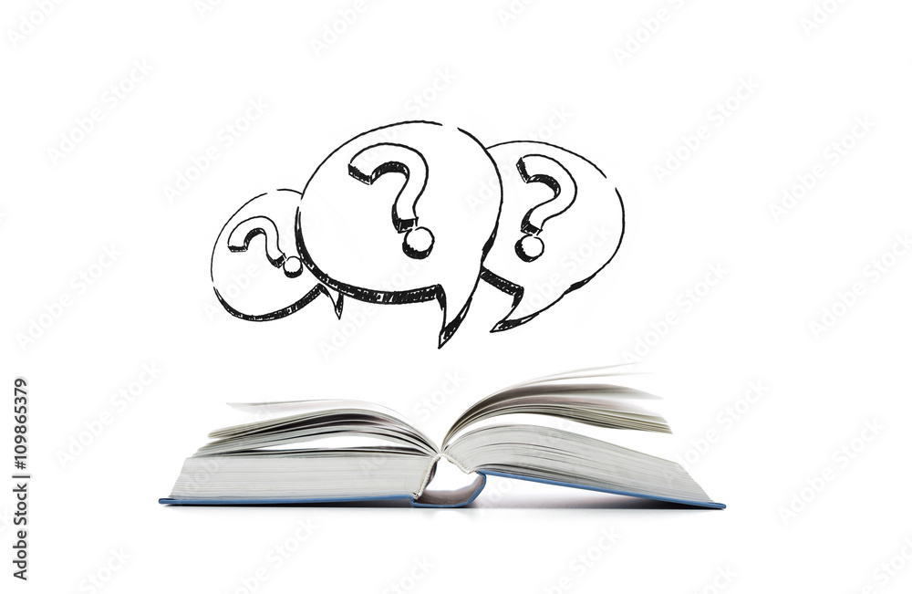 open book and question marks in text bubbles Stock Photo | Adobe Stock