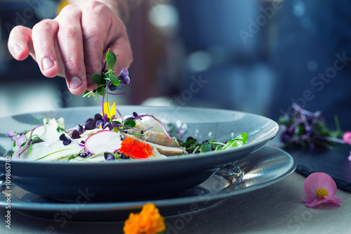Fotografie Chef in hotel or restaurant kitchen cooking, only hands