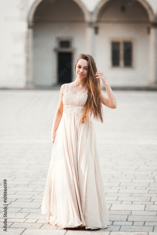 Beautiful girl, model with long hair posing in old castle near columns. Krakow Vavel Beautiful girl, model with long hair posing in old castle near columns. Krakow Vavel