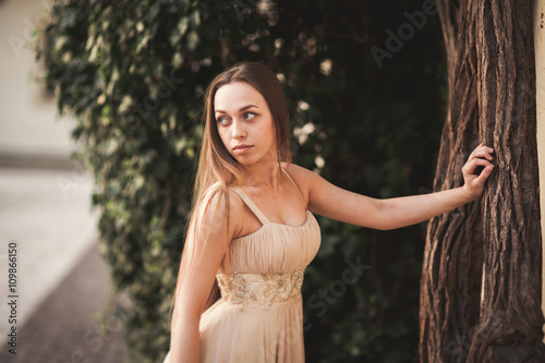 Beautiful girl with long hair posing near tree in vavel Krakow photo