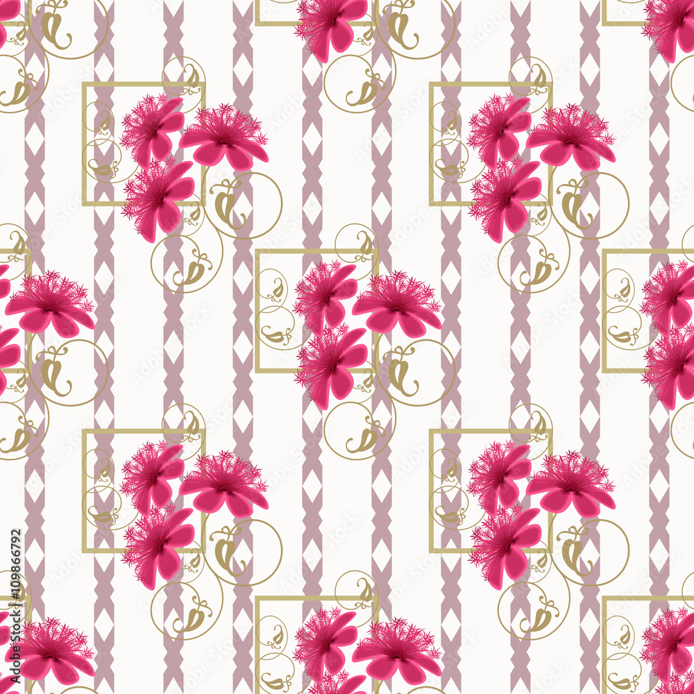 Obraz premium Seamless pink floral pattern striped white background