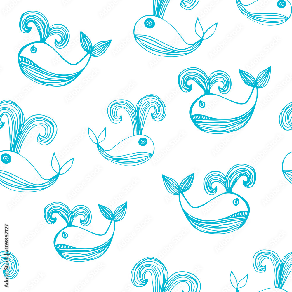 Seamless texture with cute whales. Endless hand drawn blue and white vector pattern. Template for design textile, backgrounds, packages, wrapping paper Seamless texture with cute whales. Endless hand drawn blue and white vector pattern. Template for design textile, backgrounds, packages, wrapping paper