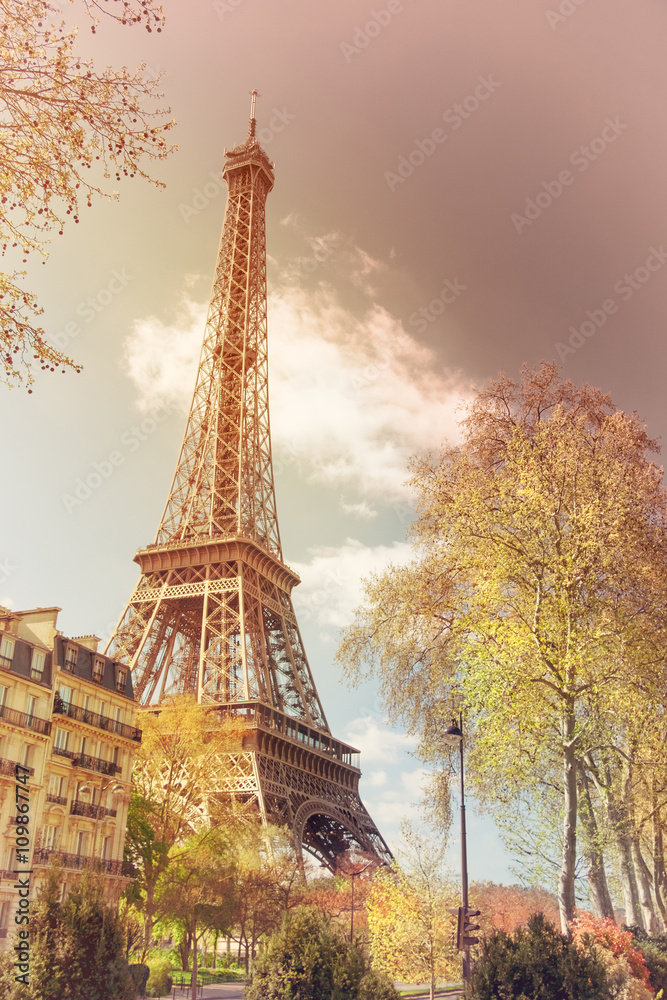 Paris, Eiffel tower on a bright spring day