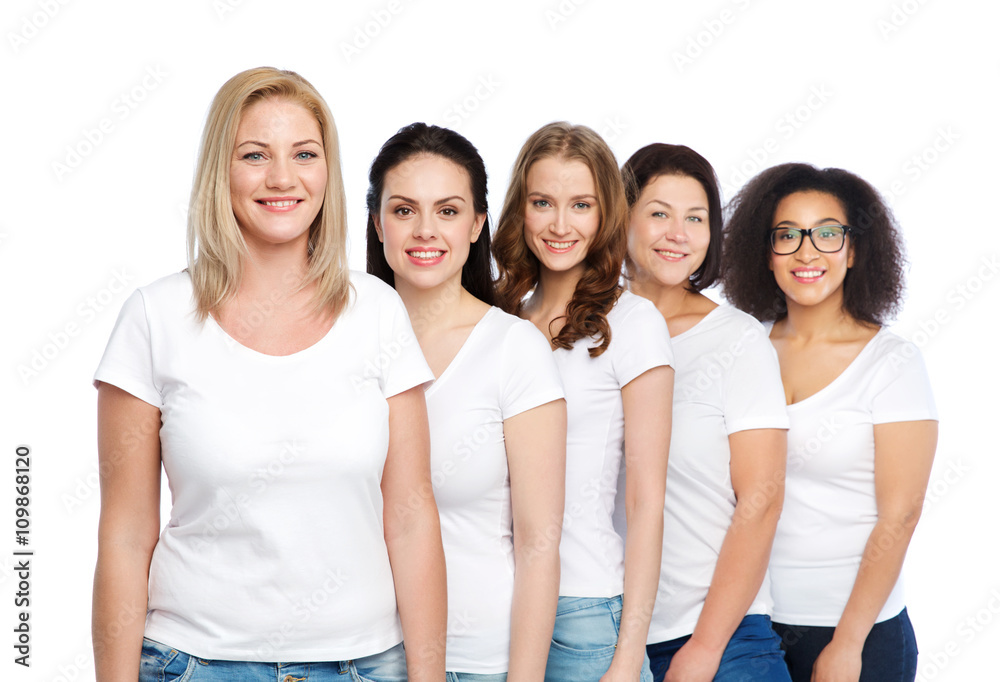 group of happy different women in white t-shirts group of happy different women in white t-shirts