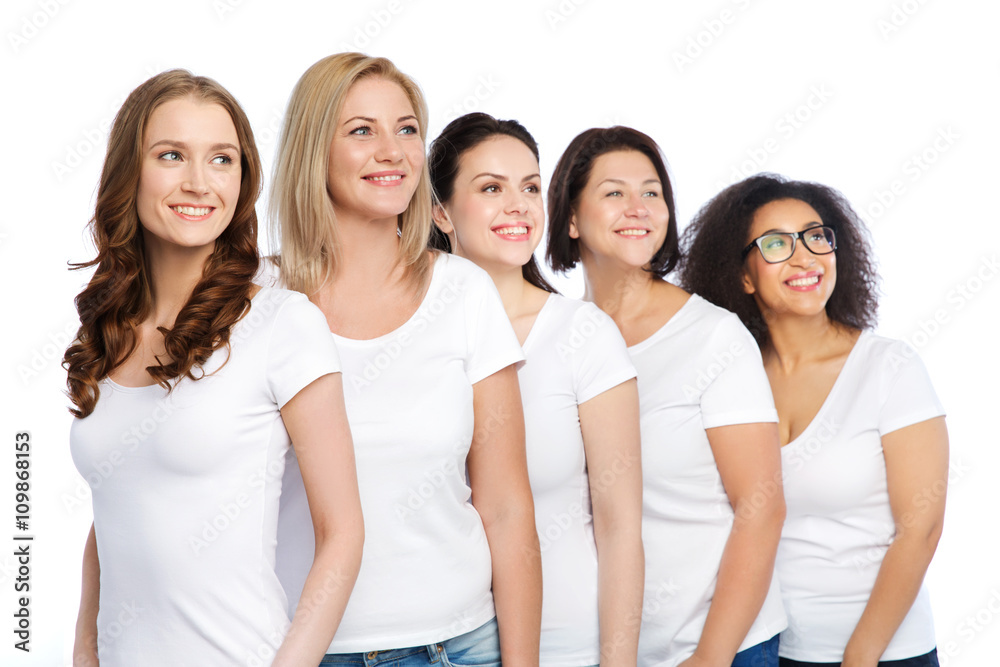 group of happy different women in white t-shirts group of happy different women in white t-shirts