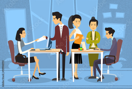 Asian Business People Meeting Discussing Office Desk Businesspeople Working Flat