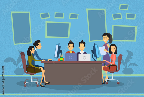 Asian Business People Working Computer Meeting Discussing Office Desk Businesspeople Flat