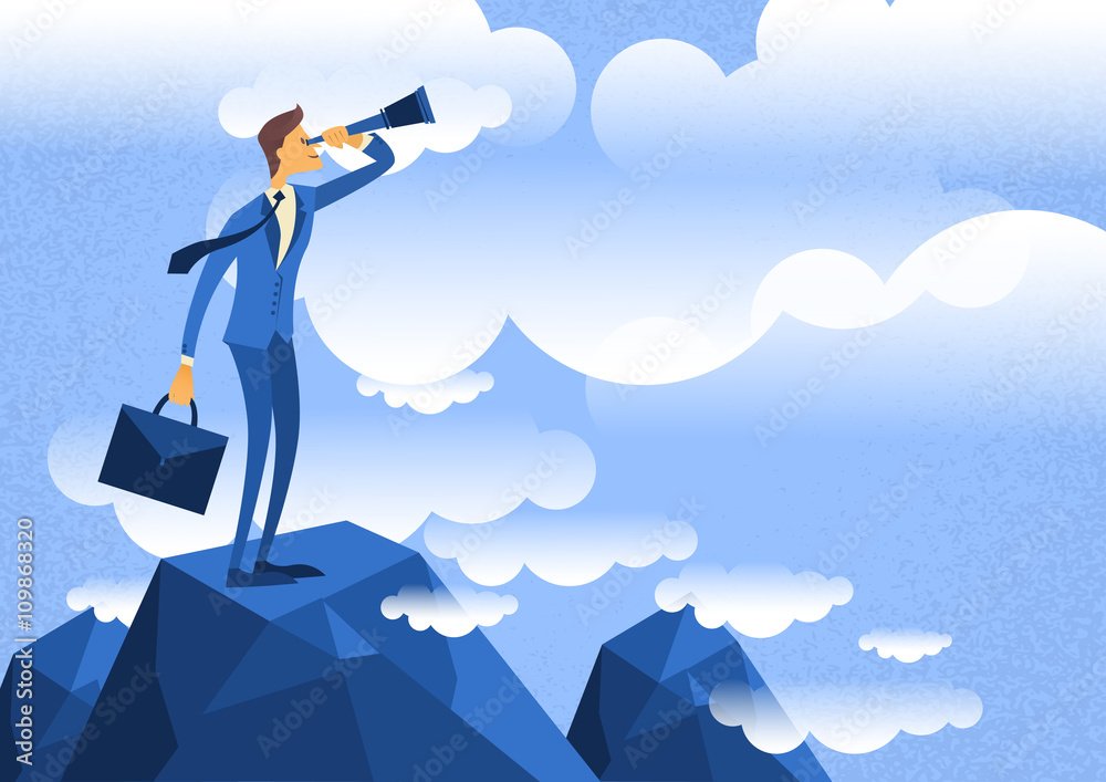 Cartoon Businessman Looking Through Telescope Standing on Top Mountain Cartoon Businessman Looking Through Telescope Standing on Top Mountain