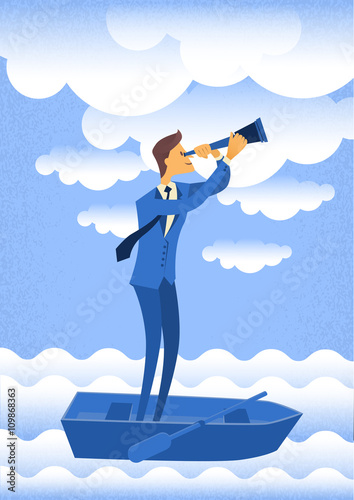 Cartoon Businessman Looking Through Telescope Up Clouds Standing In Boat
