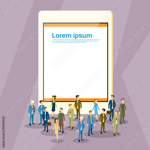 Business People Crowd Over Tablet Computer Screen Empty With Copy Space