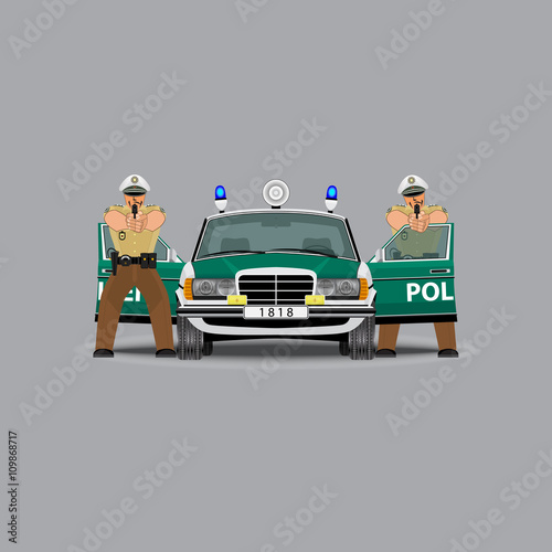 Police car and policemen, officer. Police officer with a gun. German police. Rescue. Vector illustration