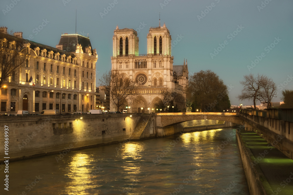 Illuminated Notre Dame de Paris Cathedral and Seine River