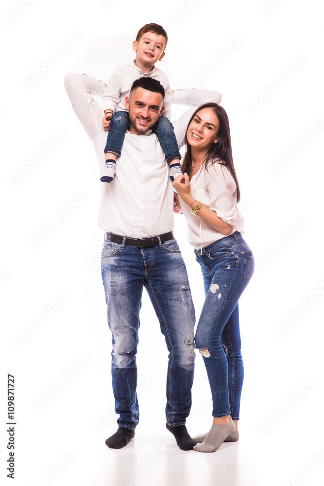 Happy family. Father, mother and boy over white background Happy family. Father, mother and boy over white background