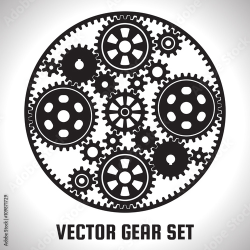 Mechanism consisting set of gears for external and internal gears with the same module. Silhouettes of different cog wheels and pinions. Realistic toothed size and format. Vector art.
