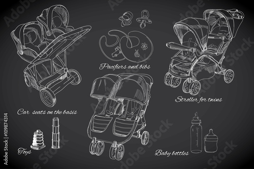 hand drawn set for twins. Graphic sketch strollers, car seats, b