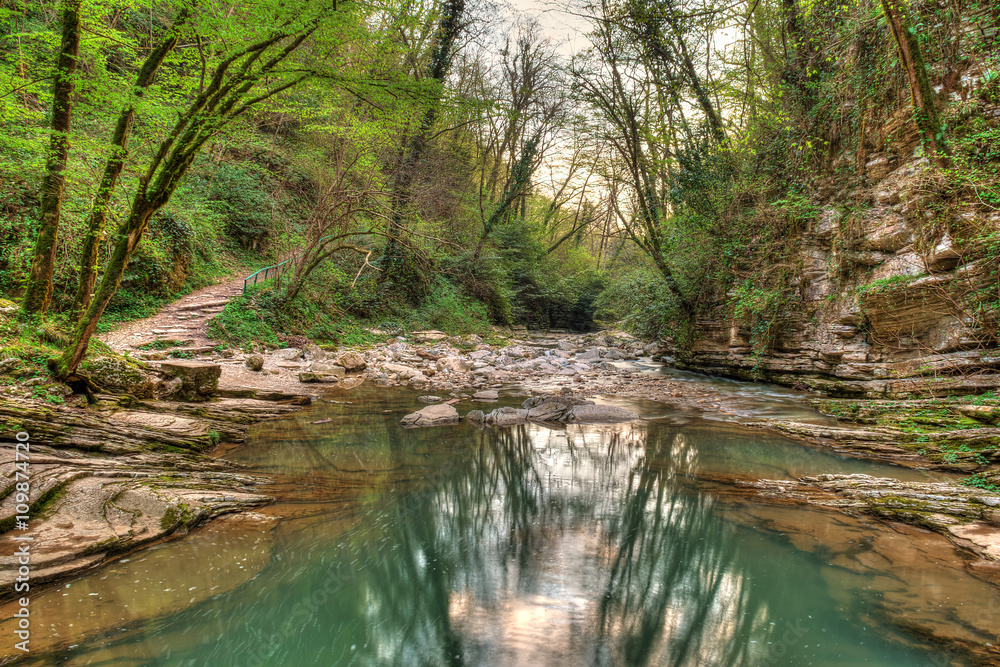 Agura River in mountain forest in Sochi, Russia. HDR processing. Agura River in mountain forest in Sochi, Russia. HDR processing.