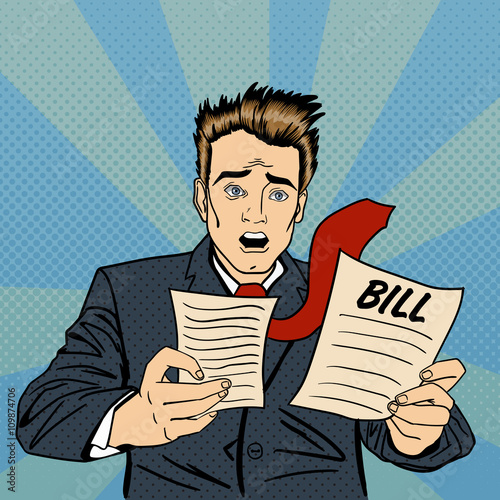 Shocked Man. Frustrated Businessman Checking Financial Documents. Pop Art
