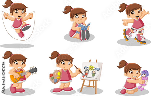 Cute happy cartoon girl playing. Sports and toys.